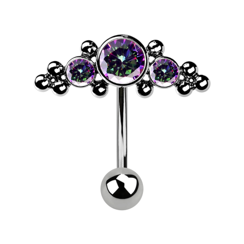 Micro threadless banana silver with ball and center cap with balls and three dark multicolor crystals