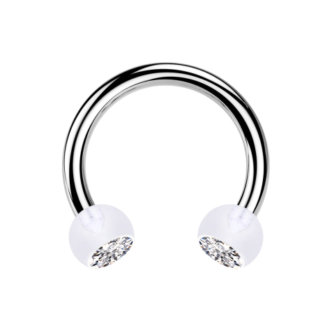 Circular barbell silver with two transparent crystal balls silver