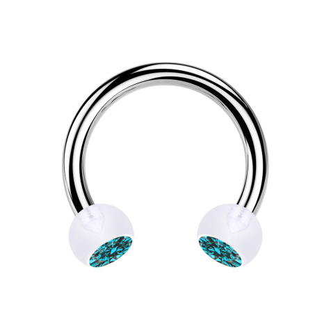 Circular barbell silver with two transparent crystal balls aqua