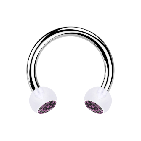 Circular barbell silver with two transparent crystal balls light violet