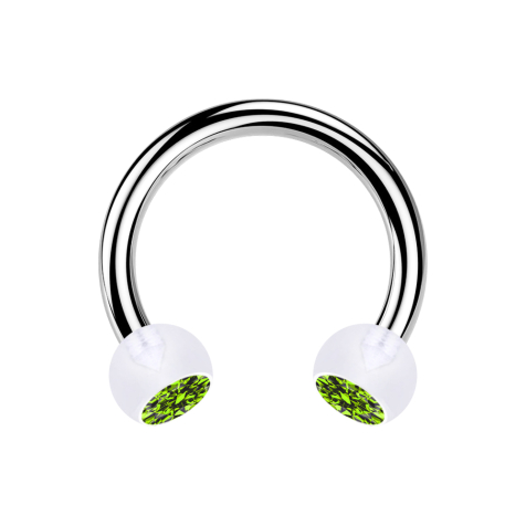 Circular barbell silver with two transparent crystal balls light green