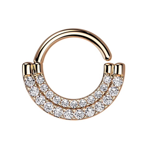 Micro piercing ring rose gold shield double front crystals silver