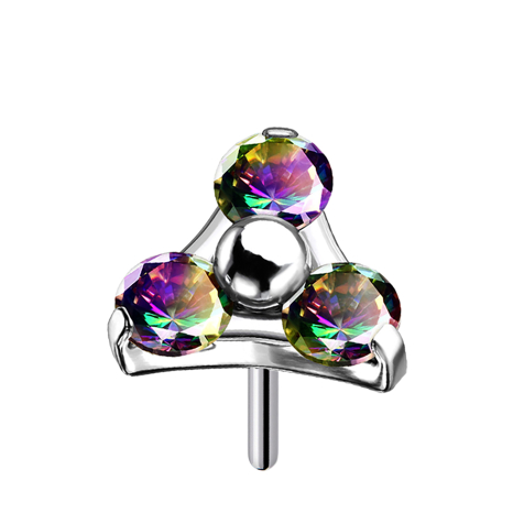 Threadless silver triangle with three dark multicolor crystals