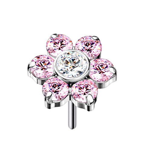 Fleur argentée sans filetage, cristaux roses