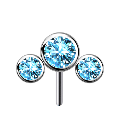 Threadless argento frontale tre cristalli acquamarina