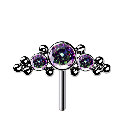 Threadless silver front center with beads and three dark multicolor crystals