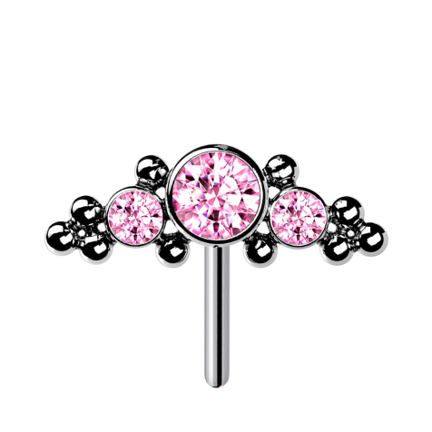 Threadless argento frontale centrale con sfere e tre cristalli rosa