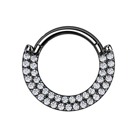 Micro segment ring, foldable, black, double front shield, silver crystals