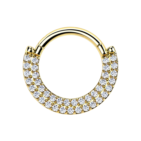 Micro segment ring, foldable, gold-plated, double front shield, crystals, silver