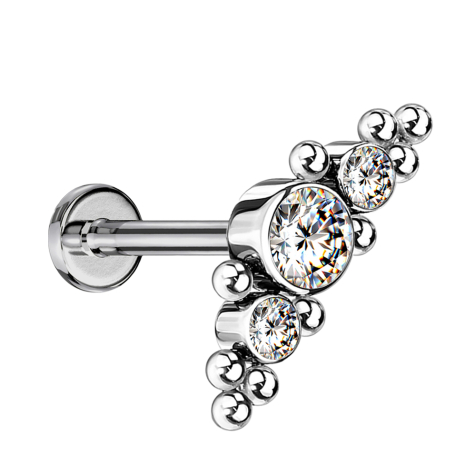 Micro Labret sans filetage argenté au centre avec boules et trois cristaux argentés
