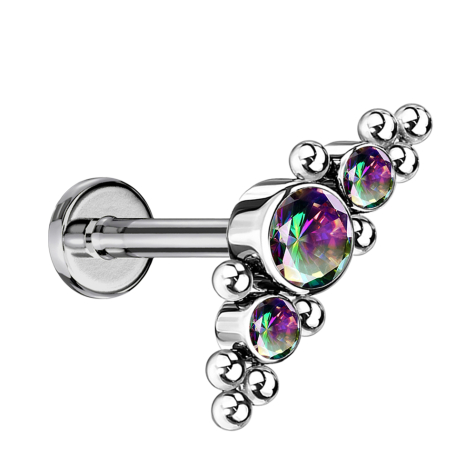 Micro threadless labret, silver, centered with balls and three dark multicolor crystals