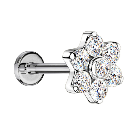 Micro Labret filettatura interna argento con fiore cristalli argento