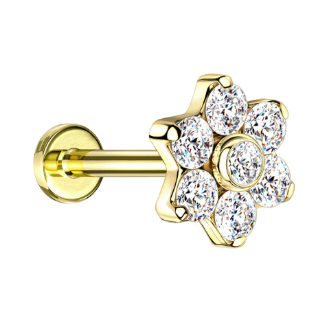 Micro labret filetage intérieur plaqué or avec fleur cristaux argentés