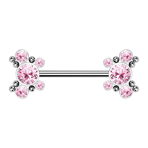 Threadless barbell silver balls with five pink crystals