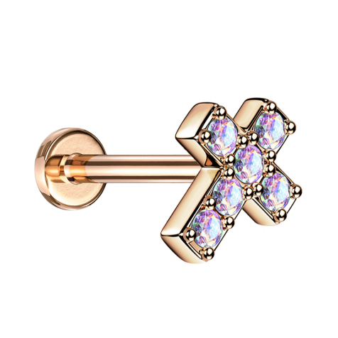 Micro Labret femelle or rose croix avec cristal multicolore