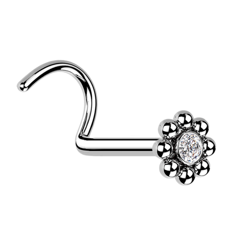 Clous de nez courbés argent fleur avec boules et cristal