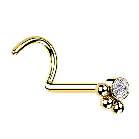 Curved gold-plated crystal nose stud with three spheres