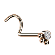 Curved rose gold crystal nose stud with three balls