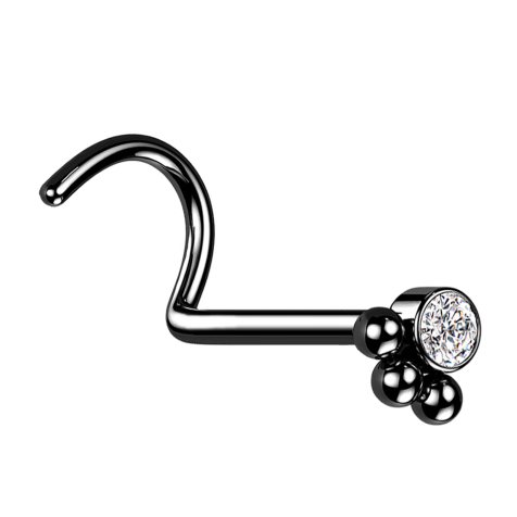 Clou nasal courbé noir cristal avec trois boules