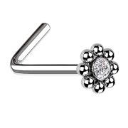 Nose stud angled silver flower with beads and crystal