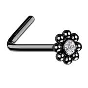 Angled nose stud black flower with beads and crystal