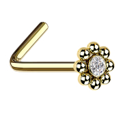Angled gold-plated nose stud flower with beads and crystal