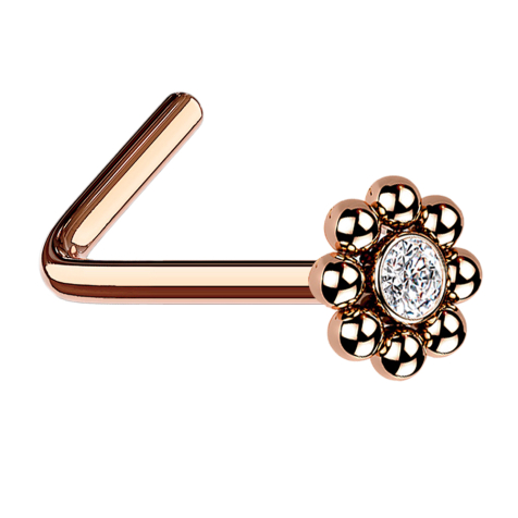 Angled nose stud rose gold flower with beads and crystal