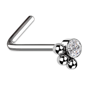 Nose stud angled silver crystal with three balls