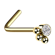 Angled gold-plated crystal nose stud with three spheres