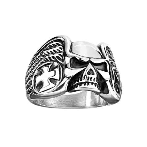 Ring silver skull wings and iron cross