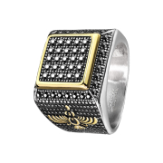 Anello argento con cristalli neri e bordo dorato