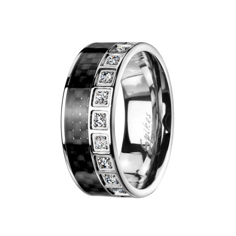 Anello argento carbonio e cristalli