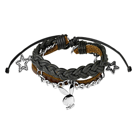 Black leather bracelet with Playboy Bunny and stars