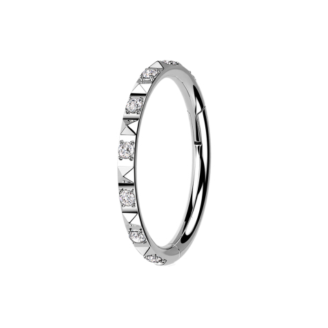 Foldable micro segment ring, silver, with pyramids and crystals on the side, silver