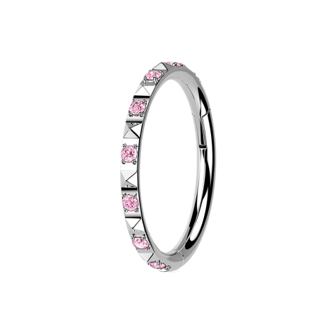 Micro bague segmentée pliable argentée avec pyramides latérales et cristaux roses