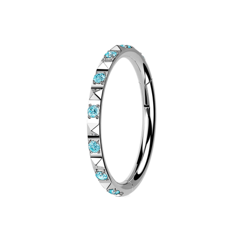 Micro bague segmentée pliable argentée avec pyramides latérales et cristaux aqua