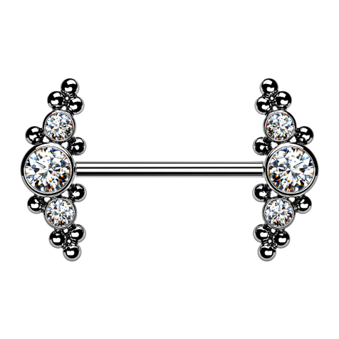 Barbell sans filetage argenté au centre avec boules et trois cristaux argentés