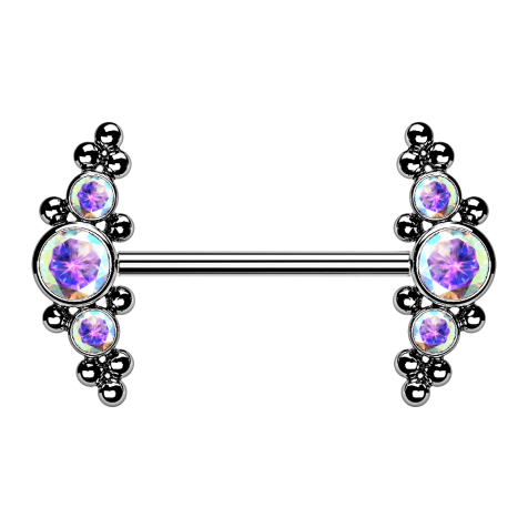 Threadless barbell, silver, front center with balls and three multicolor crystals
