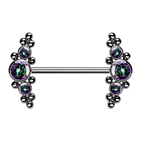 Threadless barbell, silver, front center with balls and three dark multicolor crystals