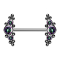 Threadless barbell, silver, front center with balls and three dark multicolor crystals