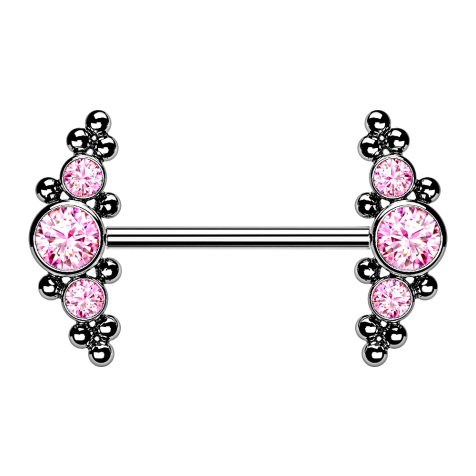 Threadless barbell silver front center with balls and three pink crystals