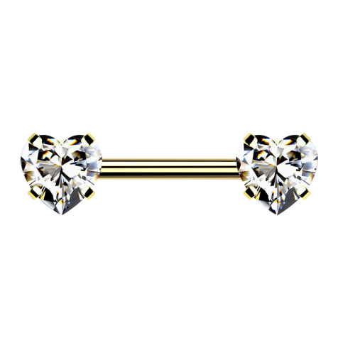 Threadless barbell gold-plated front with heart crystal set in silver