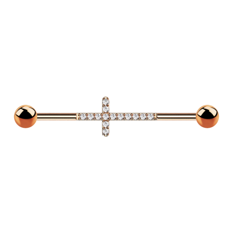 Barbell rose gold with two balls cross with crystals silver