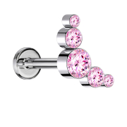 Micro Threadless Labret Silver Five Crystals Pink