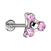 Micro threadless labret silver triangle three crystals pink