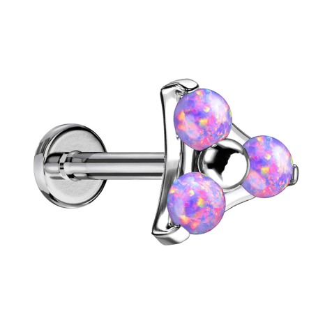 Micro Threadless Labret argento triangolo tre opali viola