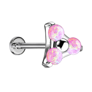 Micro threadless labret silver triangle three opals pink