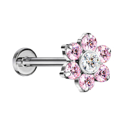 Micro threadless labret silver flower crystals pink