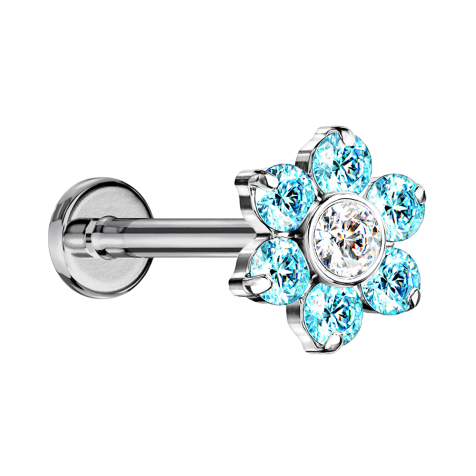 Micro Threadless Labret Silver Flower Crystals Aqua