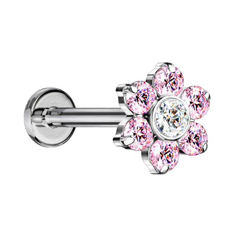Micro Threadless Labret Silver Flower Crystals Pink